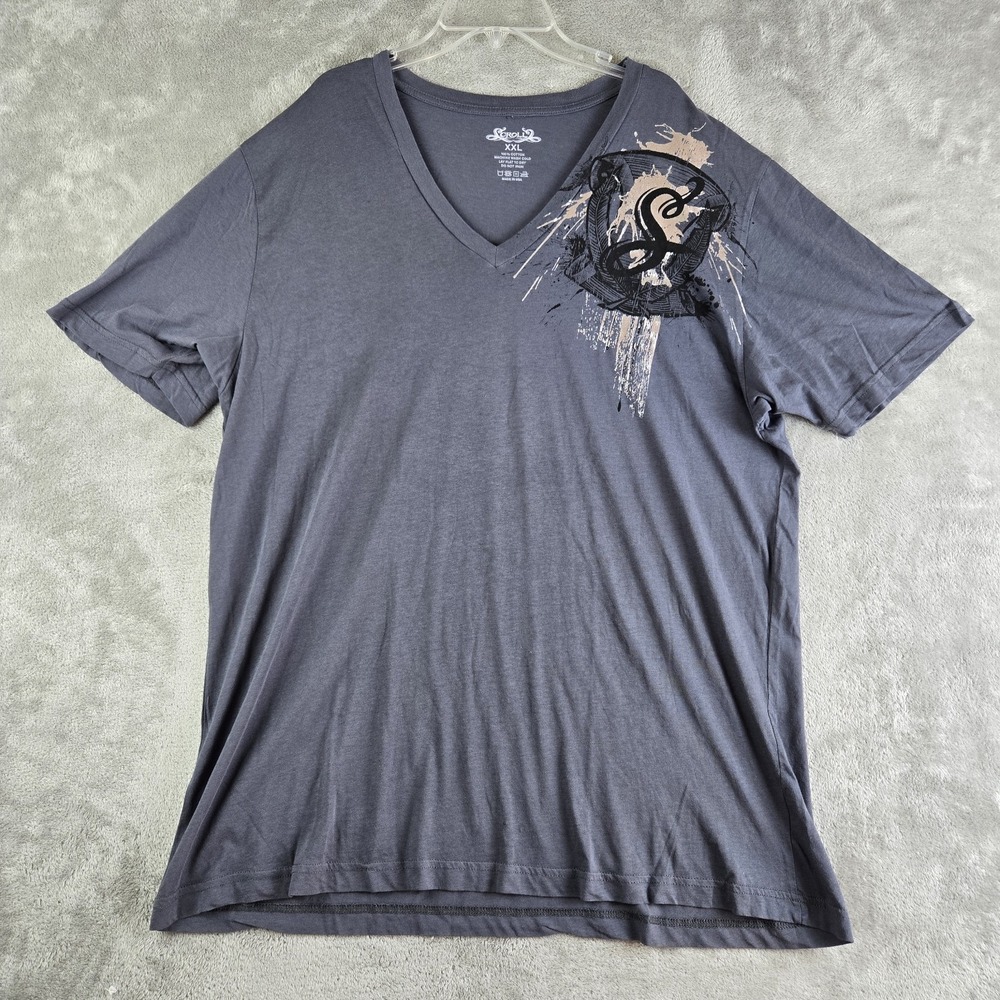 Scroll Shirt Mens XXL Gray V Neck Silver Logo Short Sleeve Punk Rock